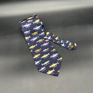 Vintage Tie Alynn Neckwear Trout Family Silk Necktie USA Navy Fishing Dad Gift